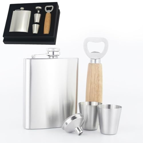 LUPATDY Fiaschetta in acciaio inox da 210 ml, con due tazze e apriscatole, regalo per padri e uomini, per escursioni, matrimoni, campeggio, arrampicata, picnic, argento