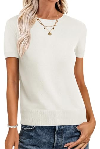 ANRABESS Womens Short Sleeve Sweaters Wool Blend Crew Neck Sweater Shirts Business Casual Work Tops 2026 Summer Outfits Cream White S