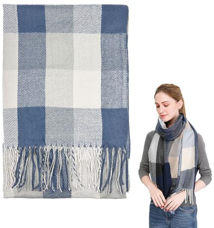 UILYNIU Echarpe Femme Hiver, Écharpe Grand Plaid, Chale Femme, Foulard Long Chaude, Écharpe à Carreaux, Mode écharpe, Elégant Châle, Écharpes Douces pour Autum et Hiver, Taille Unique (Bleu, Gris)