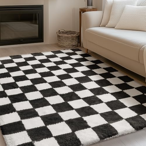 HUGEAR Kariert Flauschig Teppich Wohnzimmer 150x240 Teppiche Schwarz Weiß Shaggy rutschfest Kinderzimmer Mädchen Junge Carpet Schlafzimmer Hochflor Weich Groß Carpets