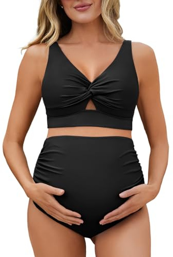 Summer Mae Twist Maternity Bikini Two Piece Pregnancy Swimsuits Cutout Bathing Suit High Waisted Ruched Swimwear Black 12