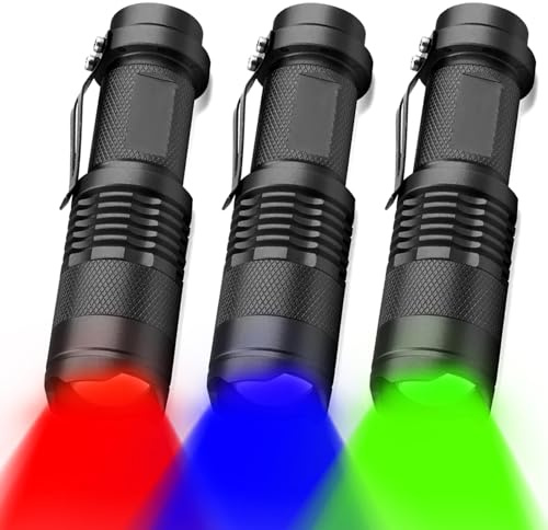 MODOAO 3Pack LED Flashlight, Red Blue Green Lighting,Mini Handheld Torches, Zoomable Portable Pocket Clip Lamp for Camping, Running, Hiking, Detector, Aviation, Astronomy, Outdoor and Indoor
