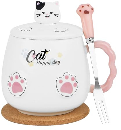Iceten Cute Cat Coffee Mug, 3D Animal Ceramic Coffee Cup with Lid and Stainless Steel Spoon, Hot Chocolate Novelty Mugs Christmas Birthday Mother Day Gift for Cat Lovers Women Gifts(450ml)