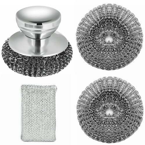 Stainless Steel Wool Scrubber with Short Handle Steel Scrubber Wool Pads for Cleaning Dishes Metal Scrubber Pot Scrubbers for Iron Pots, Stoves, Barbecue Grills, Wash Sink,Pans,2 Replace Heads