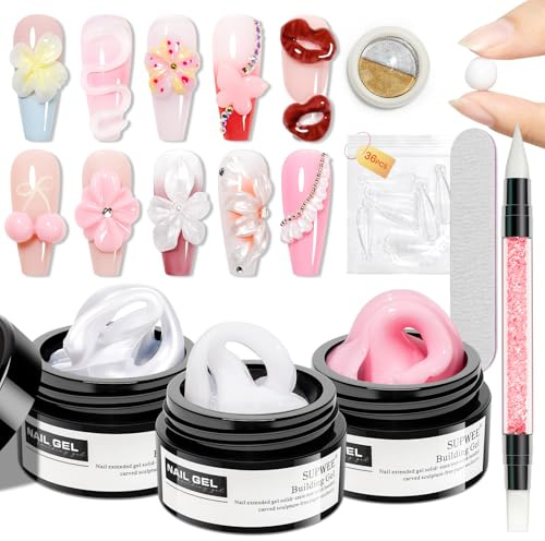 SUPWEE 3D Nail Gel Sculpting Gel, 14g Solid Builder Gels Non Sticky | with Chrome Powder Nail Extension Art Set for Beginners Salon Home DIY White Pink and Pearl White