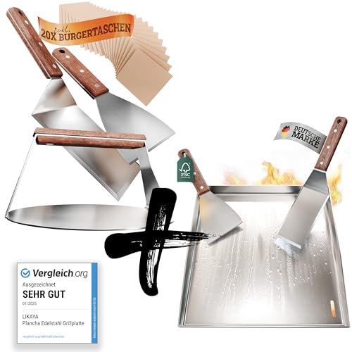 LIKAYA [BUNDLE] Plancha Plaque de cuisson en acier inoxydable [40 x 40 cm] + kit Burger-Smasher – 4 spatules à barbecue & Burger Smasher avec manche en bois d'acacia FSC – Des hamburgers parfaits sur