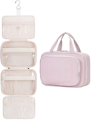 Narwey Streifen Kulturbeutel Damen Kulturtasche zum Aufhängen Waschtasche Kosmetiktasche Groß Waschbeutel Kosmetik-Organizer für Damen Mädchen(Altrosa Streifen (Groß))