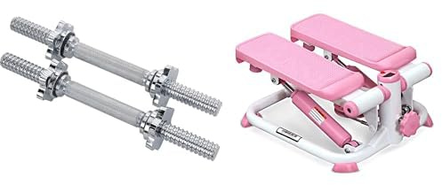 Sunny Health and Fitness Exercise Stepping Machine, Portable Mini Stair Stepper for Home or Office + 35.5 cm Threaded Chrome Dumbbell Bar