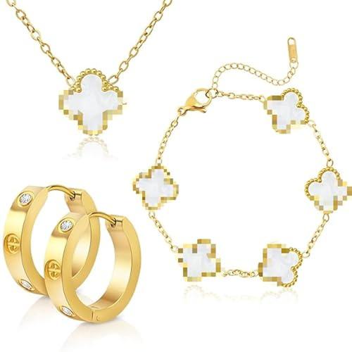 Ouxayapl 18K Vergoldet Kleeblatt Armband, Anhänger Halskette, Gold Armband Cubic Zirkonia Armreif, 3 PCS Schmuck Set für Geschenke Geburtstags (3er-Set Ohrringe)