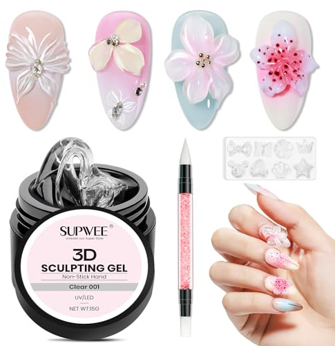 SUPWEE 3D Skulptur Nail Gel, Klar Solid Builder Gel für Nägel Antihaft 3D Nail Art Modelliergel mit Nagel Pinsel und Silikonform Salon DIY zu Hause 15g