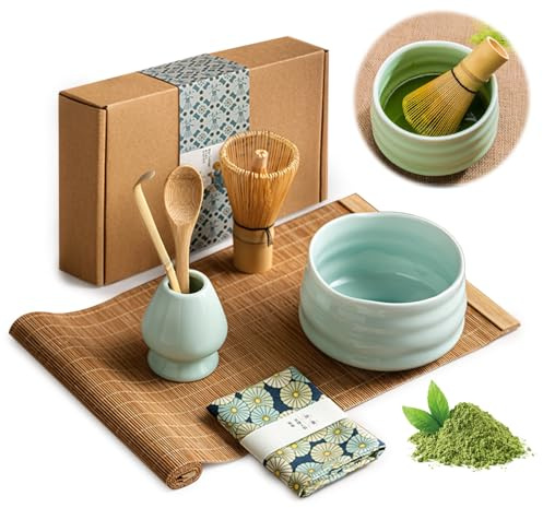 7 Pcs Matcha Whisk Set,Japanese Matcha Ceremony Kit with Bamboo Spoon,Ceramic Tea Bowl,Tea Towel,Scoop,Bamboo Whisk Holder,Perfect for Handmade Macha Ceremony Preparation and Lovers