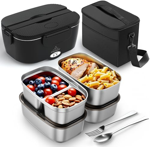 ESOHOT Gamelle Chauffante,120W Lunch Box Chauffante Modèle de Chauffage Ultra-Rapide 12V/24V/230V Boite Chauffante Repas pour Voyages,Travail,Bureau,Voiture,Camion (1,5L x 4)