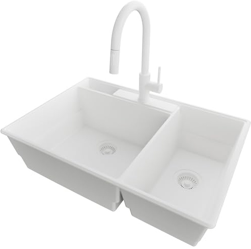 PRIMAGRAN Lavandino da Cucina al Mobile 80cm + Rubinetto, 78x53cm | Set: Rubinetto BW9010 + Kit di scarico + Lavello in Granito a 2 vasche - Parigi Chef, Tutto Bianco