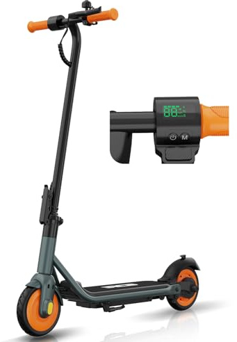 RCB R7X E-Scooter Kinder, Max Reichweite 15KM, Max Geschwindigkeit 15KM/H, 7 Vollgummireifen, Faltbarer Kinder Elektroroller, Stoßdämpfung, Geschenk für Kinder 8-12 Jahre(GRAU-ORANGE)