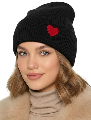 Baesics Wintermütze mit Herz Damen Herren Unisex, weiche kuschelige | Strickmütze Beanie, elastisch und warm, One Size für Herbst und Winter, Alltag und Outdoor, Geschenk Frauen Männer