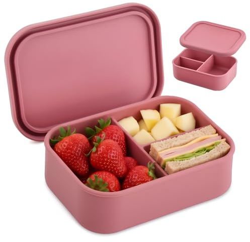 Culinavog Lunchbox Silikon Brotdose, 3 Fächer Brotdose Vorratsdosen, Sturzsicher Auslaufsichere, Wiederverwendbar, Unterteilte Lunchbox, Snackbox mit Fächern Kinder für Mikrowelle, Gefrierschrank