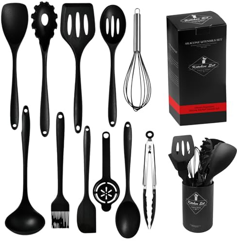 ROEOWENE 12pcs Kit Ustensiles de Cuisine en Silicone Résistants à la Chaleur et antiadhésifs Spatules,Louches,Fouet Anti-Rayures,Facile à Nettoyer pour Cuisine Accessoires Ustensiles