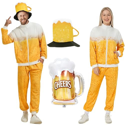 ZeiLaBang Kakadi Bier Trainingsanzug Kostüm,Kostüm Trainingsanzug Bier,Bier Anzug 80er Jahre,Bierkostüm Herren und Damen,Retro Kostüm Trainingsanzug,Outfit Bier Jogginganzug für Oktoberfest,Karneval