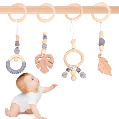 RNPKZ Leksaksbåge babyleksak, 4 stycken lekbågar baby gym hängande trä, hängande lekbåge baby gym, lekbåge bebisleksaker för flickor pojkar (grå)