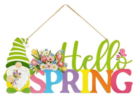 Spring Wreaths for Front Door Alternative - Wooden Gnomes Garden Ornaments, Hello Easter Decorations Home & Outdoor Porch, Cute Gonk Gifts for Women, Elf Gift Set Hanging Plaque, Seasonal Hunt Signs
