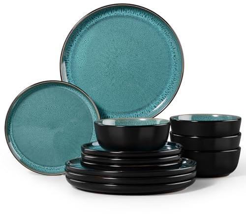 Homikit 12Pcs Plates and Bowls Set, Reactive Glaze Dinner Set for 4, Green | Kitchen Stoneware for Home Daily Use, Non-Toxic & Scratch Resistant, Microwave and Dishwasher Safe, Stackable & Easy Storage