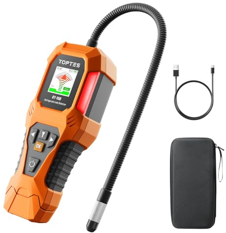 TOPTES RT-108 Detector de Fugas de refrigerante, Detector de Fugas de freón HVAC con Sensor de ionización halógena, con 3 Niveles de sensibilidad para R134a, CFC, HCFC, HFC – Naranja