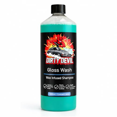 DIRTY DEVIL Gloss Wash 1L - Wax Car Wash Shampoo with Wax Protective Layer. pH Neutral Detailing Cleaner Care Vehicle Cleaning Soap - Remove Dirt Road Grime Streak Free Showroom Shine Finish