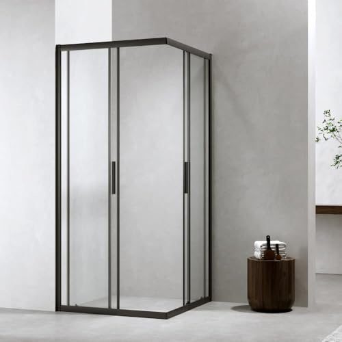 Auria Box Doccia Angolare 80x80 cm h190 - Cabina Doccia Scorrevole in Cristallo Temperato 6mm Trasparente, Profilo Alluminio Nero Opaco, Chiusura Magnetica e Cuscinetti Sganciabili - Mod. Neat