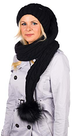 Birendy XXL Beanie AA Mütze, Zipfelmütze inklusive Schal, Pudelmütze, Wintermütze mit großer Fellbommel aus Fellimitat. Extra Lang mit weichem Fleece abgefüttert
