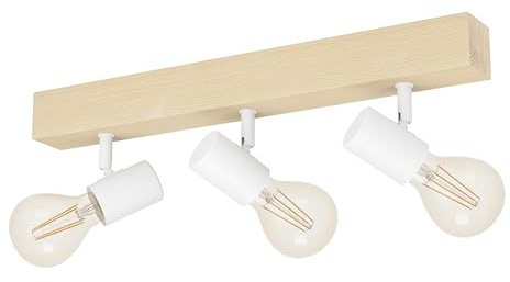 EGLO Deckenlampe Townshend 3 3 flammiger Vintage | Deckenspot im Industrial Design, Retro Lampe aus Stahl und Holz, weiß, braun, E27 Fassung