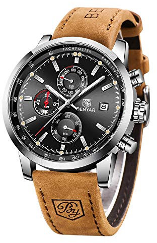Uhren Herren BENYAR Chronograph Quartz armbanduhren für Herren Uhr Schwarz Zifferblatt Business Military Sport Armbanduhr mit Leder Armband 30m Wasserdicht Elegantes Geschenk für männer