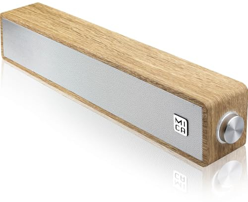 Wired Computer Sound Bar, USB-Powered PC Speakers; MICA M30 Wooden Wired LED Volume Control Mini Speakers for Multiple Devices (with 3.5mm AUX & PC input) (Yellow)