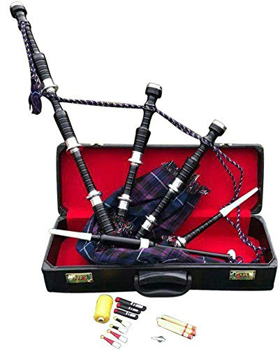 Schottischer Highland-Dudelsack Pride of Scotland Schottenkaro, schwarzes Finish mit silberfarbenen Halterungen, Dudelsackblättern, inklusive Anleitungsbuch, Tragetasche