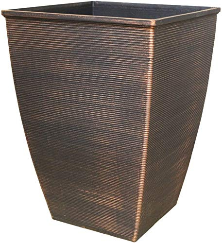 Muddy Hands 46.6 Litre Tall Square Planter Plant Pot with Drainage Holes – Large Copper Effect Ribbed Plastic Flower Pot for Outdoor Garden Patio Plants Trees Shrubs