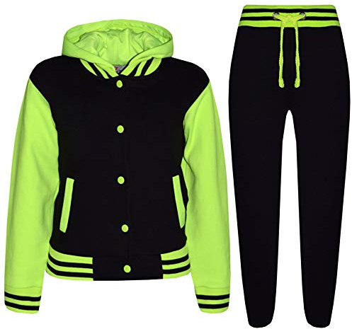 A2Z 4 Kids Tracksuit Girls Boys Baseball Plain Top Bottoms Jogging Running Suits - T.S B.B Plain Black & Neon Green 13