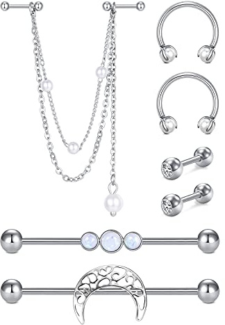 D.Bella Industrial piercingbar set med dinglande kedja kirurgiskt stål brosk barbell piercing smycken 14 gauge 1,6 mm silver 38 mm, 14G, Kirurgiskt stål