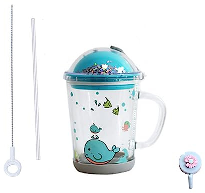 Xfeyaqlo Tasse à Lait Réutilisable avec Paille, avec couvercle, couvercle inférieur antidérapant et paille en silicone, pour thé au jus de lait, pour micro-ondes, 400ml (poisson bleu)