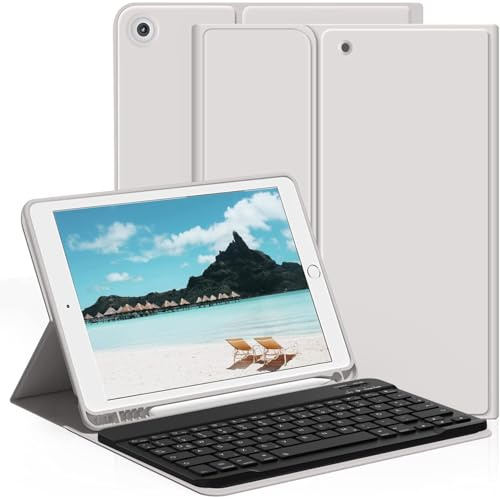 aoub Tastatur Hülle für iPad 9./8./7. Generation 10,2 Zoll 2021/2020/2019 | Kabellose QWERTZ Tastatur Hülle mit Stifthalter für iPad 10,2 9/8/7 Gen, Magnetisch Abnehmbarer Tastatur, Grau