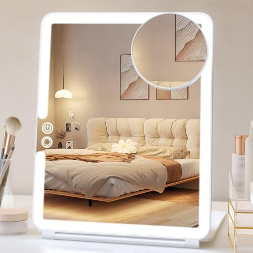 FUNTOUCH Rechargeable Lighted Makeup Mirror with 10X Magnifying, 2500mAh, 3 Colors Light Modes, Touch Screen Dimming Folding Light Up Mirrors for Travel, Cosmetic (White)