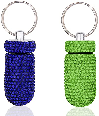 GOUWEIBA 2 Stück Pillendose Klein mit Schlüsselanhänger, Wasserdicht Pillenbox Tablettenbox, Bling Strass Tragbare Reise Mini Pillenhalter Tablettendose für Reisen Unterwegs Outdoor (Blau+Grün)