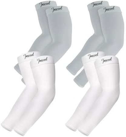 Inscool Mangas de compresión de brazo de enfriamiento con protección solar para hombres, mujeres y jóvenes, UPF 50, 2 pares blancos y 2 pares grises, Large
