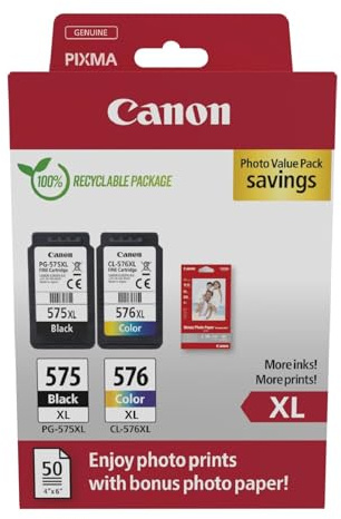 Canon PG-575XL + CL-576XL, Cartuchos de Tinta Original, 1 Cartucho de Tinta Independiente en Color Negro y Cartucho Multicolor,Incluye 50 Hojas Papel Fotográfico 4 x 6,Compatible con Impresoras PIXMA