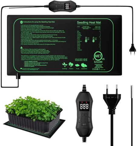 Hojalis Heizmatte Pflanzen, 20°C bis 45°C, Heizmatte mit Thermostat, 25 x 52 cm, 50W Wärmematte für Sämling Germination, Fermentationund Haustier Reptilien, IPX4 Wasserdicht Sicher und Langlebig(2M)
