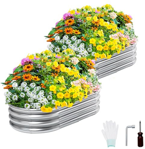 2 Pcs Galvanized Raised Garden Bed Outdoor, 4x2x1ft Large Planter Raised Bed Kit with Safety Edging and Gloves, Stainless Metal Raised Planter Box for Gardening Vegetables Herb Fruits Flowers