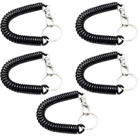 VZU Lot de 5 porte-clés extensibles avec clip, porte-clés en plastique, porte-clés en spirale extensible, porte-clés à ressorts hélicoïdaux rétractables, cordon porte-clés anti-perte, Noir , 17cm