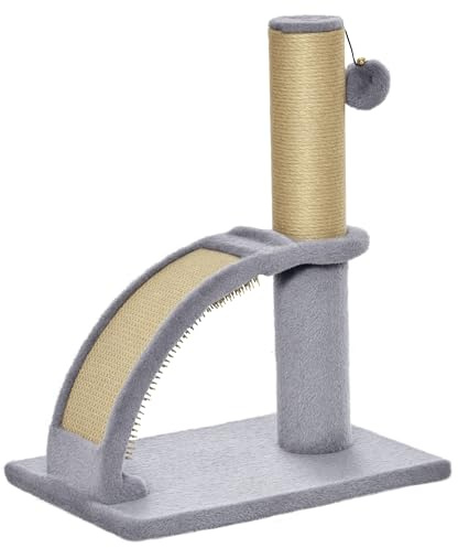 PawHut Albero Tiragraffi per Gatti con Arco Massaggiatore e Pallina Sospesa, Tappetino Tiragraffi e Palo in Iuta, Palestra per Gatti con Rivestimento in Peluche, 34x24x43 cm, Grigio