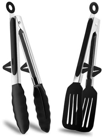 Kitchen Tongs, Set of 2, 9” Non-Slip Stainless Steel Tongs with Locking Clip for Cooking, Air Fryer, BBQ, Serving, Heat Resistant, Food Grade