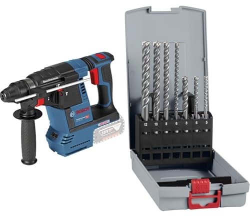 Bosch Professional 18V System Cordless Rotary Hammer GBH 18V-26 + 7X PRO SDS plus-5X Hammer Drill Bit Set (for Concrete, Lime and Sand Bricks, Ø 5-12 mm)