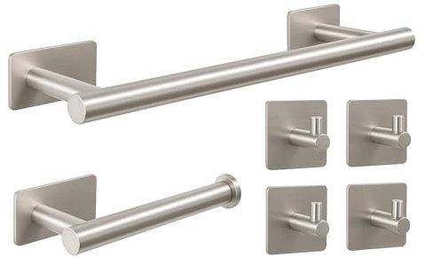 Steel Soul - Set Accessori Bagno Argento Satinato Adesivi - Inox 304 - Porta Asciugamani, Porta rotolo,Ganci - Adesivo 3M VHB - Senza Fori - (6 Pezzi)