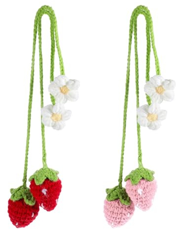 Hpmjz 4 pcs Crochet Strawberry Car Hanging Ornaments Pink Knitted Car Interior Decorations Cute Rearview Mirror Hanging Accessories Aesthetic Rear View Mirror Decor for Women Girls Pendant Charms